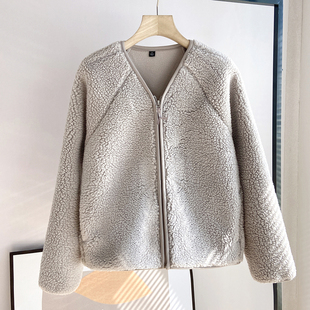 保暖抓绒开衫 百搭V领仿羊羔绒摇粒绒长袖 外套女 简约时尚 日单纯缘