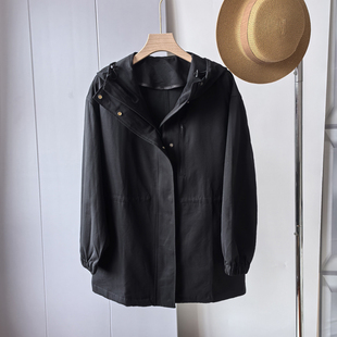 禾家黑色露珠风衣 高端真丝羊毛连帽休闲夹克收腰工装外套女春季
