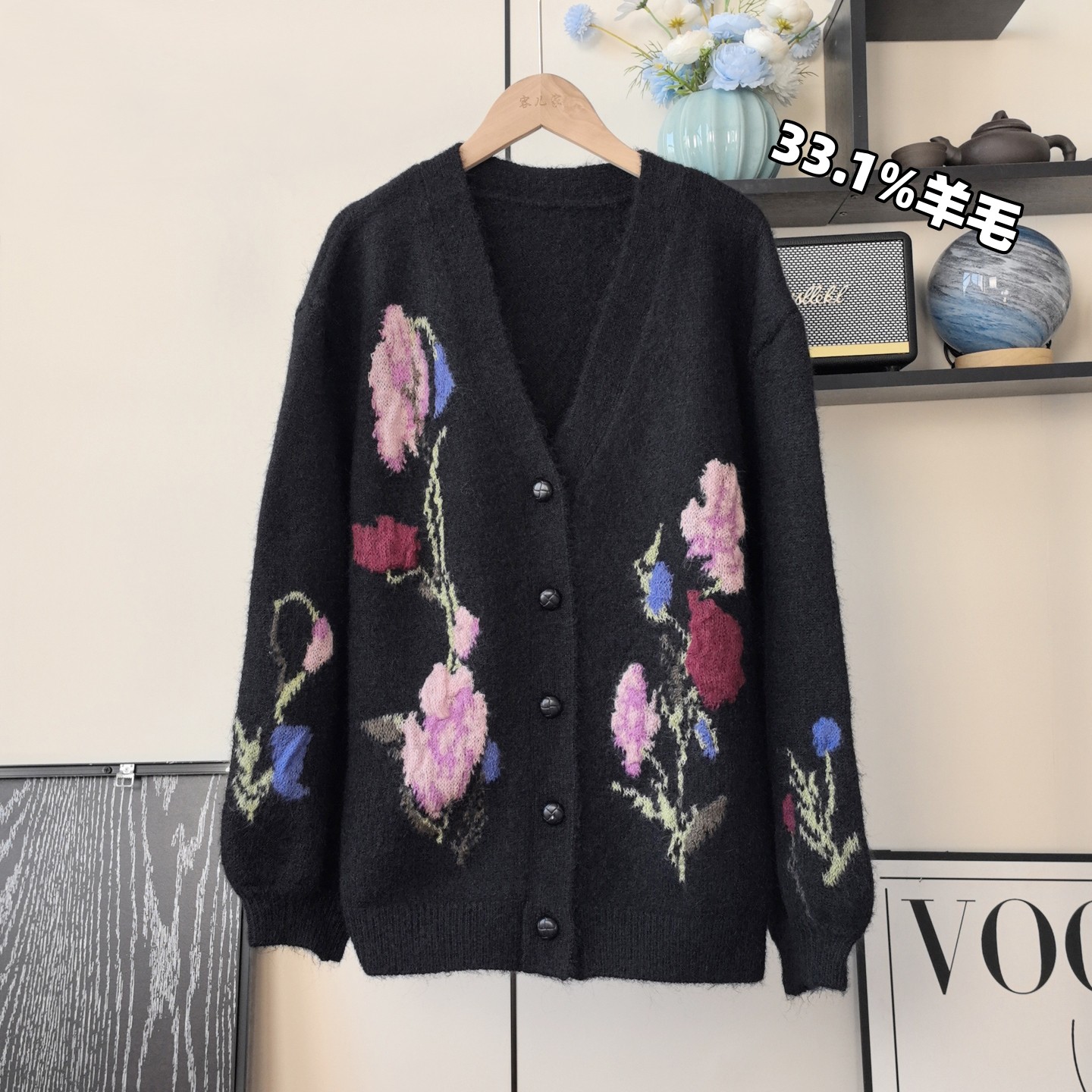 复古时髦重工花朵提花宽松廓形羊毛混纺V领针织开衫毛衣外套女冬,女装/女士精品,毛针织衫,淘宝优惠券,粉丝福利购,淘宝优惠卷