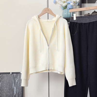 博主推荐！韩版时尚坑条肌理宽松休闲双拉链连帽针织衫开衫外套女