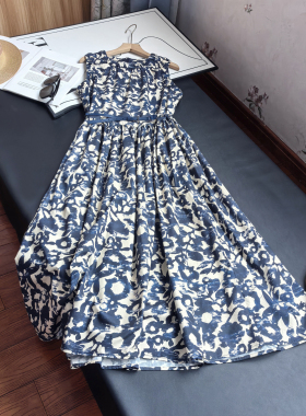 柜上6800+法式优雅数码印花无袖连衣裙立裁腰带收腰中长款A字裙女