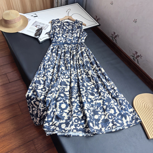 连衣裙立裁腰带收腰中长款 柜上6800 印花无袖 优雅数码 A字裙女 法式