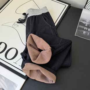 藏肉显瘦老钱风斜纹明线牛仔弯刀裤女冬季加绒加厚宽松阔腿休闲裤