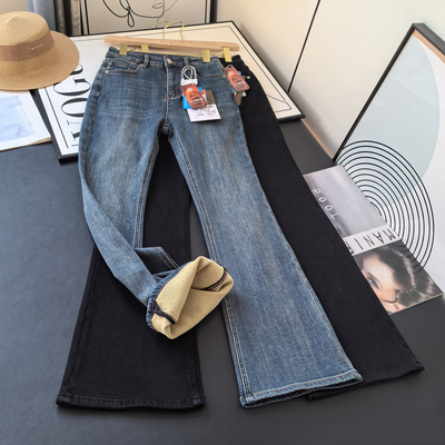 气质超模腿！复古时髦显瘦四面弹微喇小黑裤加绒加厚喇叭牛仔裤女