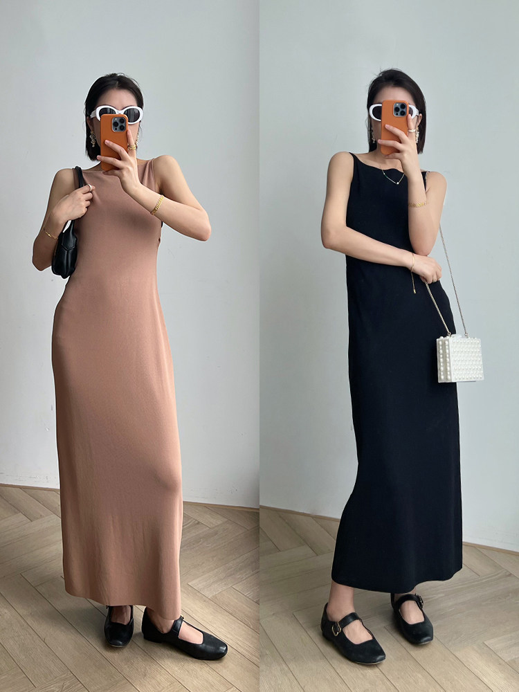 GNAILLY吉娜莉/高级简约垂感冰麻针织露背挂脖一字领美背吊带长裙