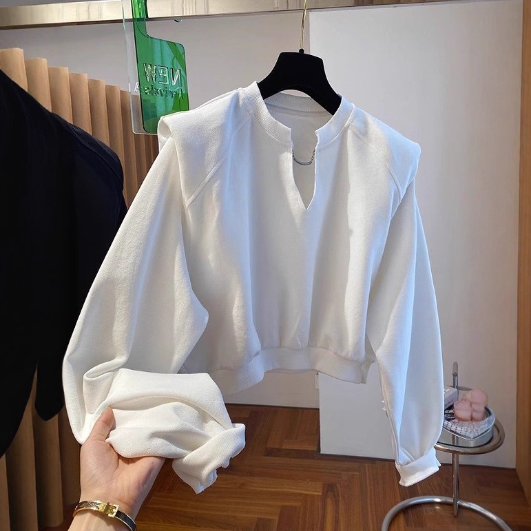 特大码v领垫肩短款卫衣宽松上衣