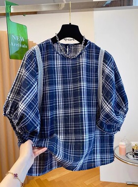 蓝色格子圆领衬衫女短袖2025新宽松显瘦灯笼袖小衫娃娃衫套头上衣