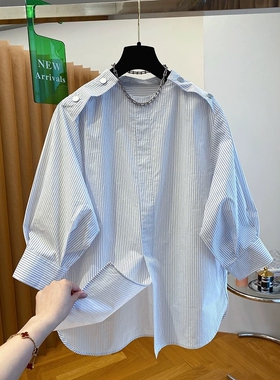 浅蓝色条纹圆领纯棉衬衫女中袖2025夏新款宽松显瘦百搭七分袖上衣
