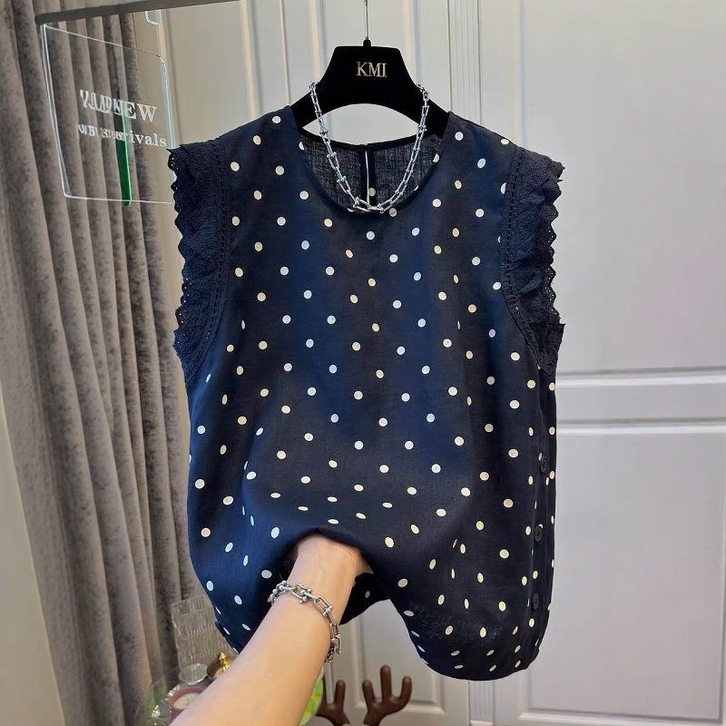 波点棉麻无袖荷叶边衬衫洋气小衫