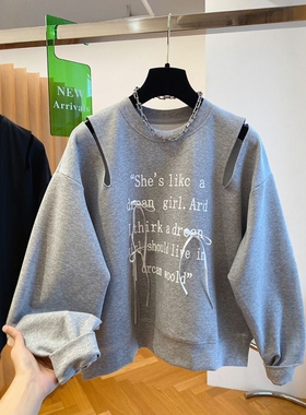 自留款推荐~灰色蝴蝶结镂空露肩卫衣女初秋无帽套头薄款长袖上衣