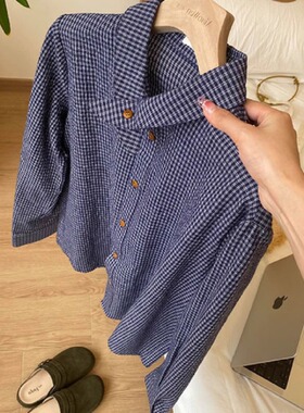 韩系时尚蓝色格子纹立领衬衫外套春夏季叠穿防晒小众百搭开衫衬衣