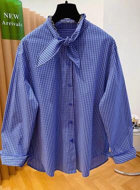 设计感小众潮流蓝色格子系带衬衫女上衣气质通勤衬衣宽松2025春款