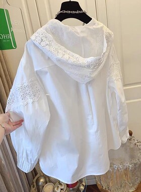 白色蕾丝拼接连帽长袖防晒衬衫女2025夏新款宽松休闲衬衣帽衫上衣