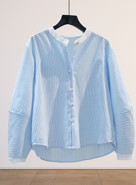 浅蓝色条纹拼接白色立领衬衫女衬衣2025春秋舒适宽松减龄显瘦上衣