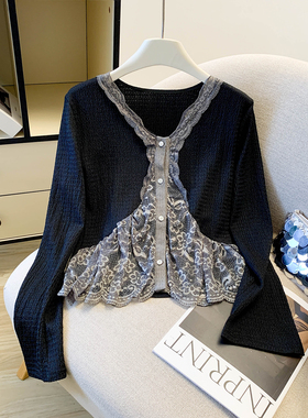 自留款推荐~灰色蕾丝设计感长袖针织衫女秋冬季短款漂亮好看上衣