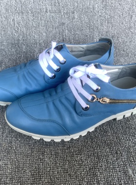微瑕疵42码公牛真皮软皮男士休闲皮鞋蓝色系带日常透气男鞋低帮鞋