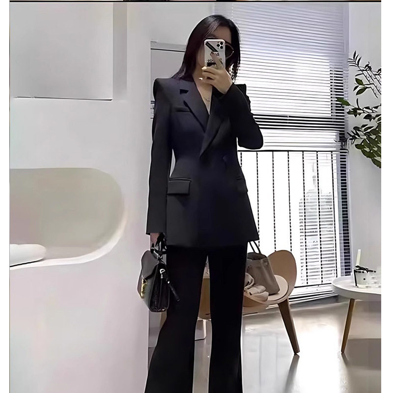 春秋平驳领干练感黑色西装套装女连衣裙