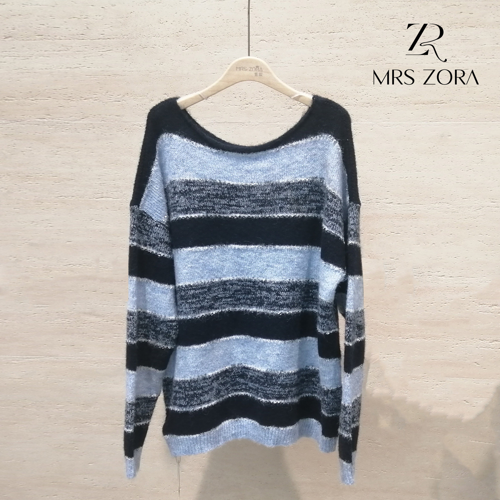 MRS ZORA佐拉女装大圆领条纹针织衫软糯气质百搭54CZZ1185