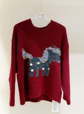 MRS ZORA佐拉春季新款针织衫动物图案红色宽松韩版气质61AZZ1018