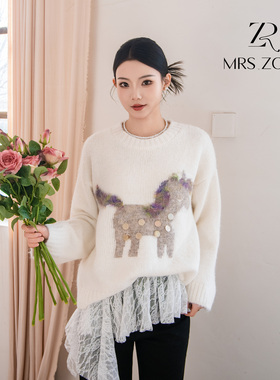 MRS ZORA佐拉春季新款针织衫动物图案红色宽松韩版气质61AZZ1018