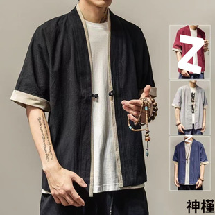 汉服开衫 中国风夏季 拼色五分袖 棉麻男士 古风亚麻披风外套 道袍唐装