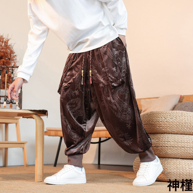 春秋大码中国风G小众设计金丝绒龙纹九分裤男士束脚哈伦裤飞鼠裤