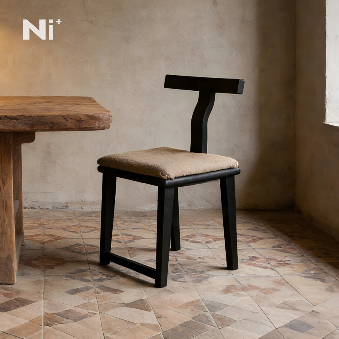 Ni+尼家侘寂风实木餐椅黑色简约家用中古休闲椅民宿酒店餐厅椅子