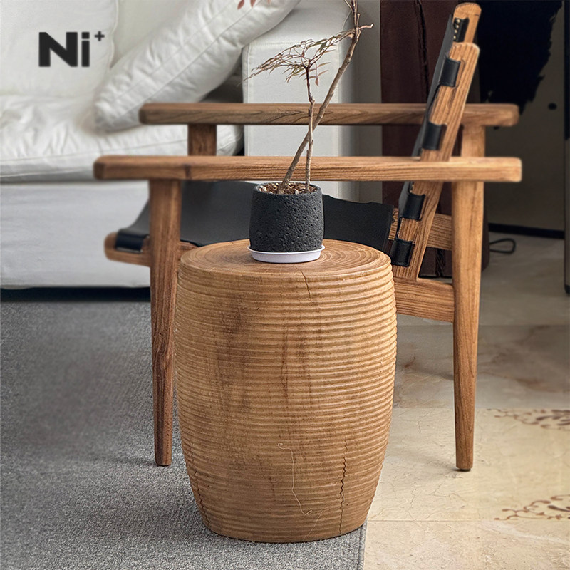 Ni尼家中古侘寂风实木边几鼓凳型咖啡馆角几民宿客厅复古沙发边几