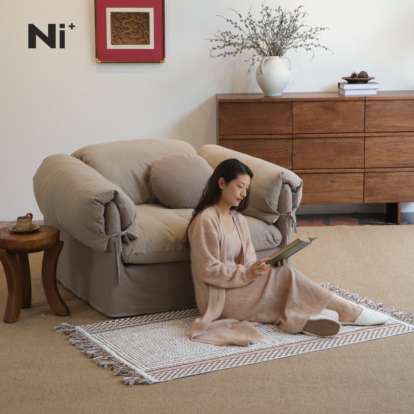 Ni+尼家侘寂风亚麻布艺沙发单人慵懒风中古风卧室客厅懒人沙发