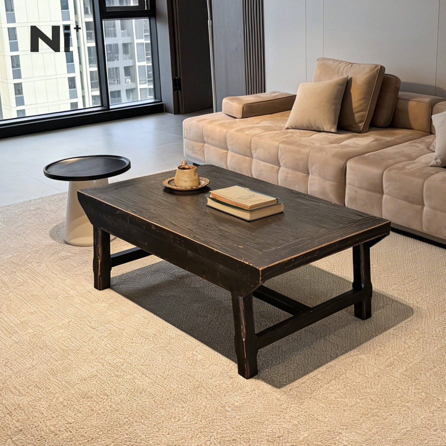 Ni尼家复古风茶几实木矮桌黑色老钱风简约客厅日式小茶桌中古茶几