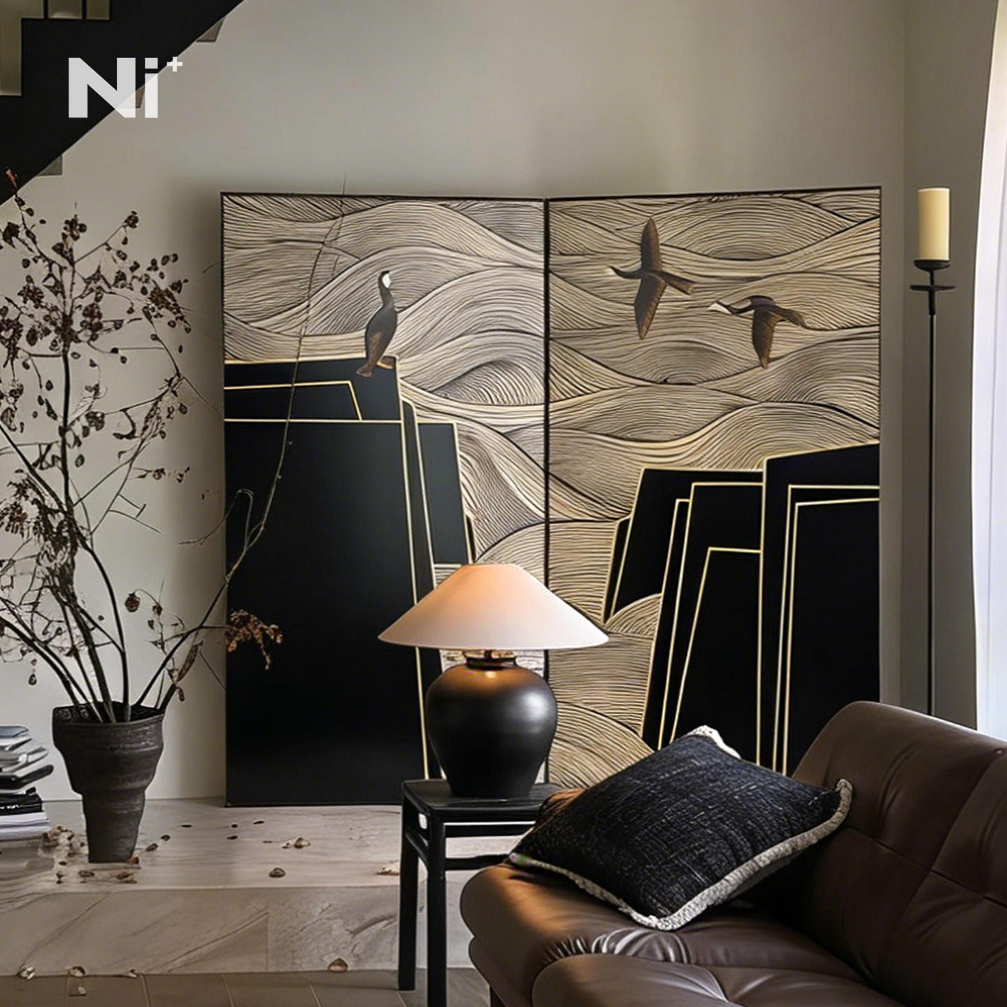 Ni尼家中古风屏风抽象线条折屏隔断客厅沙发背景角落玄关装饰屏风