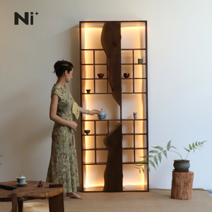 Ni尼家侘寂风博古架实木中式茶室茶杯架带灯挂墙收纳架茶具展示架