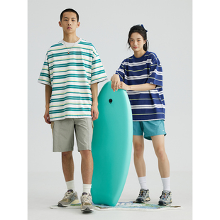 RESTICK青山绿水彩色条纹五分短袖T恤男女款夏季情侣