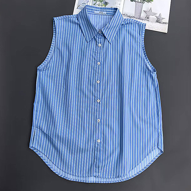 柜货软糯棉无袖衬衫衬衣条纹马甲叠穿伴侣蓝白无袖背心