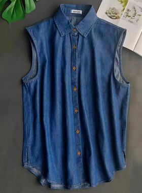 牛仔方领深蓝色衬衫女背心无袖衬衣上衣打底衫内搭叠穿侧边开叉棉
