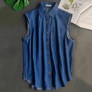 牛仔方领深蓝色衬衫女背心无袖衬衣上衣打底衫内搭叠穿侧边开叉棉