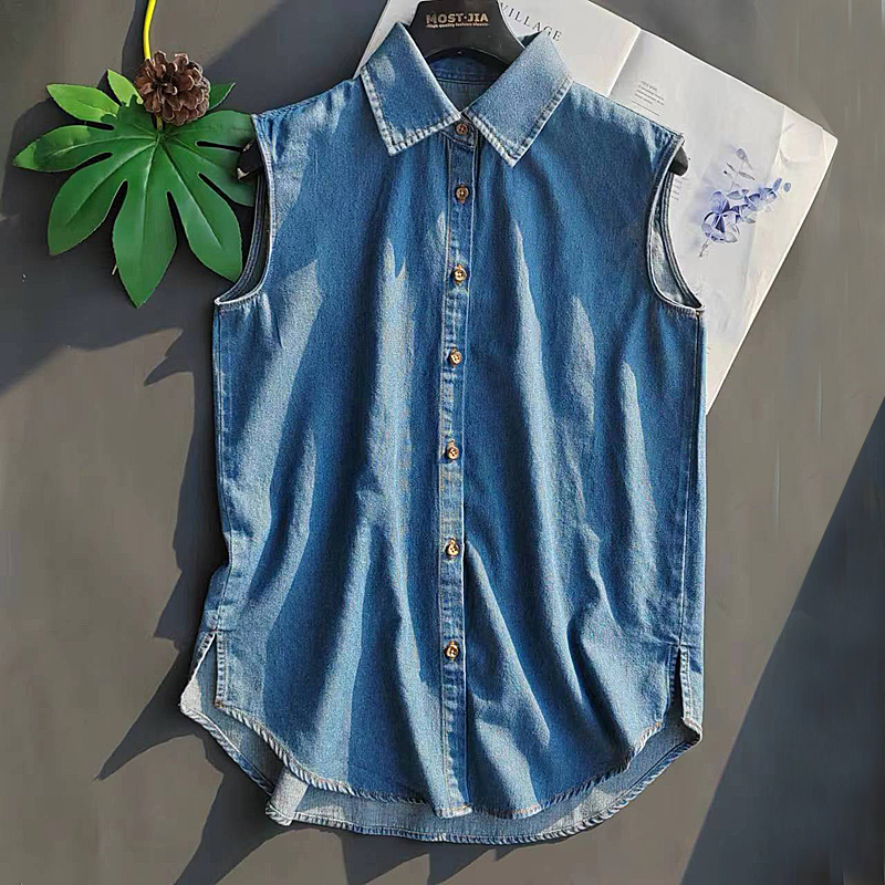 原创好品质全棉无袖简单衬衣打底叠穿衬衫女牛仔背心马甲内搭女