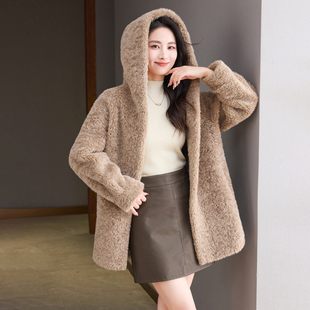 羊剪绒保暖 连帽大衣仿羊毛皮毛一体服装 皮草外套女2025新款 中长款