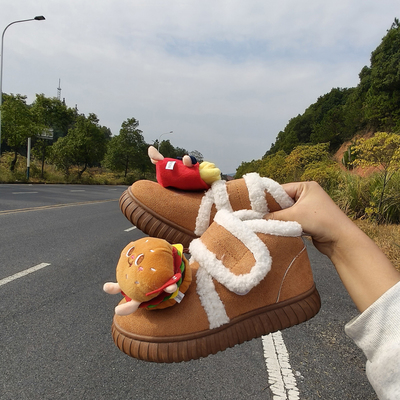 趣味设计汉堡薯条雪地靴女冬季加棉加厚保暖短靴魔术贴面包鞋防滑