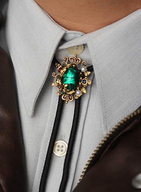 复古祖母绿色皇冠仿珍珠古着纯色波洛领带男中古暗黑风 BOLO TIE