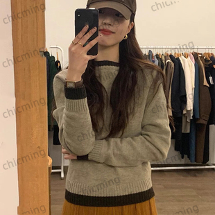 韩系温柔风灰色圆领宽松针织套头毛衣女財 2025秋新款 Vintage Wen