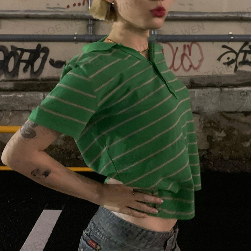 Vintage Wen美式复古显白绿色条纹polo领短袖T恤女夏季上衣百搭 - 实物图
