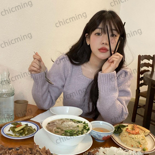 Vintage Wen 2025秋韩系温柔休闲浅紫色chic宽松针织方领毛衣女財