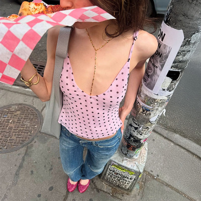 Vintage Wen 纯欲风性感深V领粉色波点吊带背心夏季外穿百搭上衣