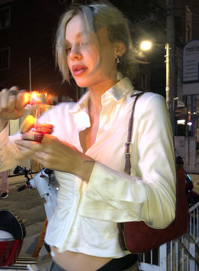 VintageWen美式复古白色褶皱设计感短款长袖衬衫女辣妹修身小衫女