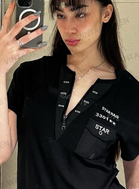 Vintage Wen美式复古v领黑色正肩显瘦短袖T恤女潮ins夏季百搭上衣