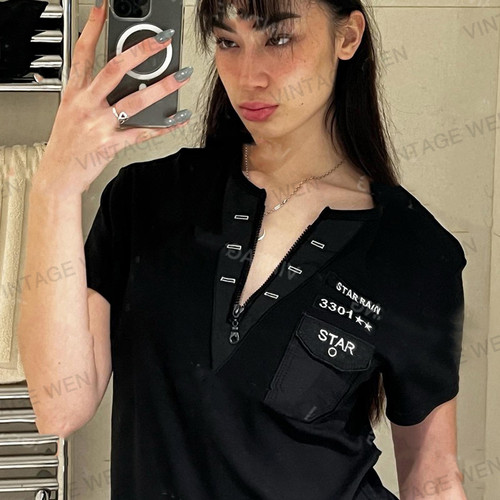 Vintage Wen美式复古v领黑色正肩显瘦短袖T恤女潮ins夏季百搭上衣