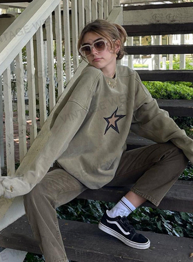 Vintage Wen美式复古ins风灰绿色星星宽松个性百搭街头圆领卫衣