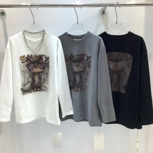 猫咪圆领套头长袖 宽松显瘦时尚 T恤女 欧货大版 十三行2025秋冬新款