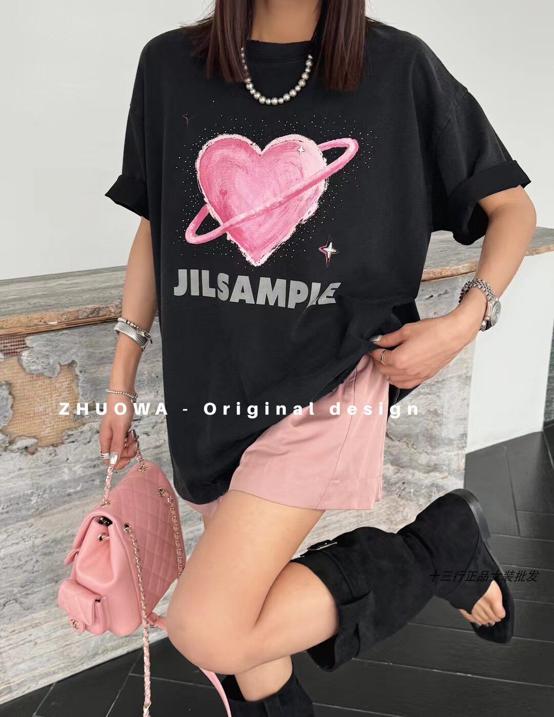 2024春季新款版卓娃zw女装重工烫钻字母图案宽松大版短袖上衣女